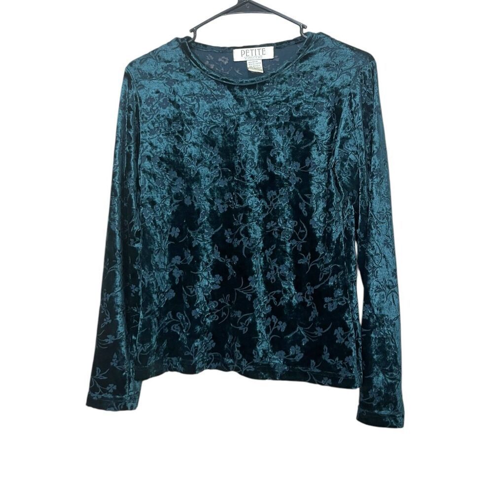 Vintage Petite Sophisticate Green Velvet Semi Sheer long Sleeve Top Size‎ S